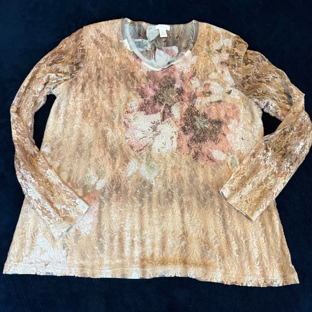 Chicos Floral Lace Rhinestone Long Sleeve Top Brown Pink Tan Size 3 XL Y2K Lace